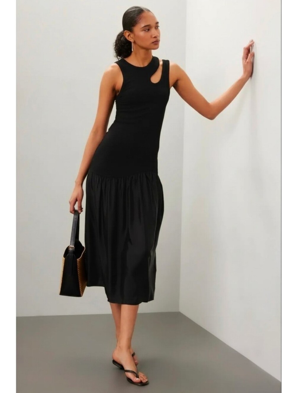 Sandro Black Sleeveless Ribbed Midi Dress with Shoulder Cutout FR40
